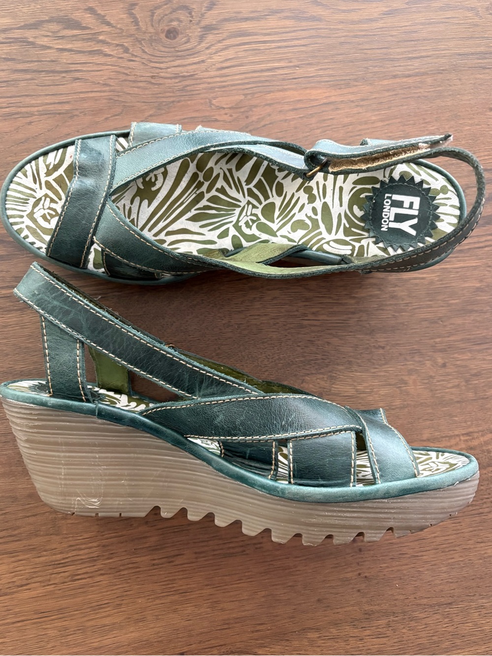 Fly London Teal Green Leather Slingback Wedge Sandals